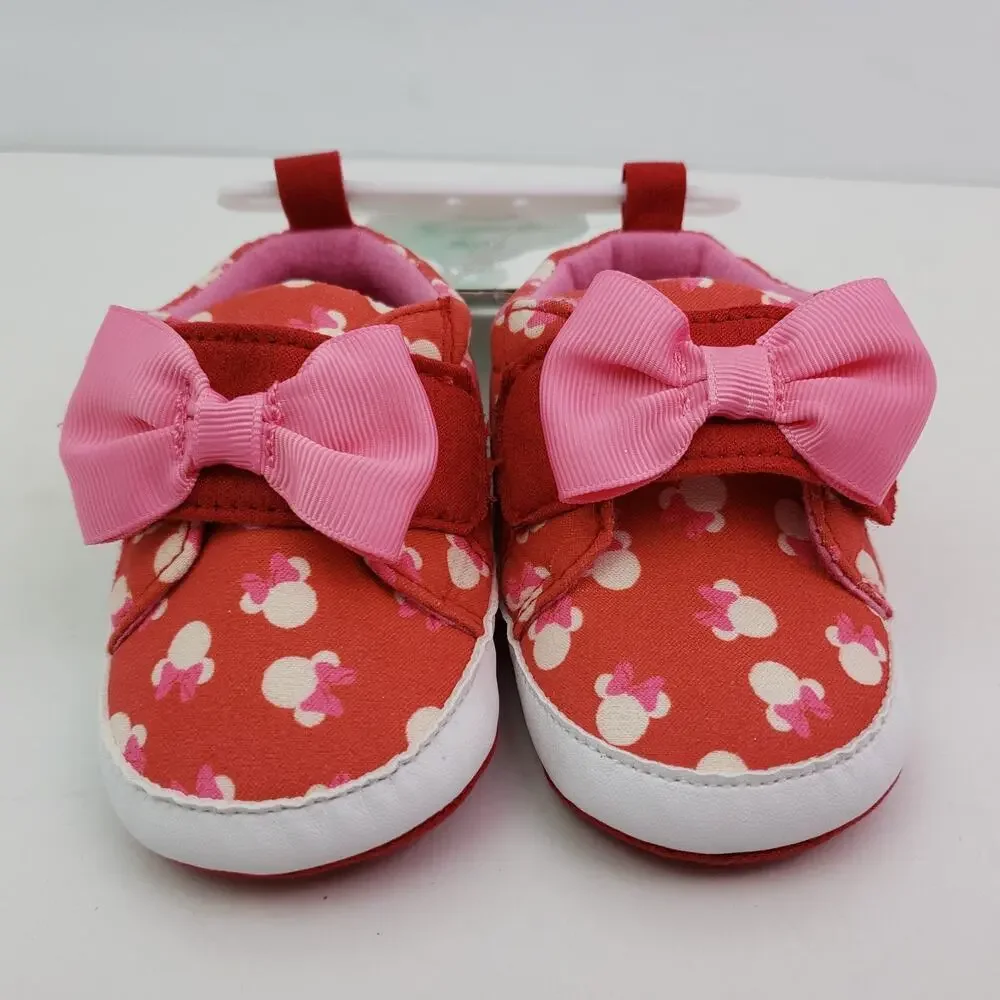 Disney Infant Baby Size 9-12 Months Red Pink Minnie Mouse Bow Slipper Shoes